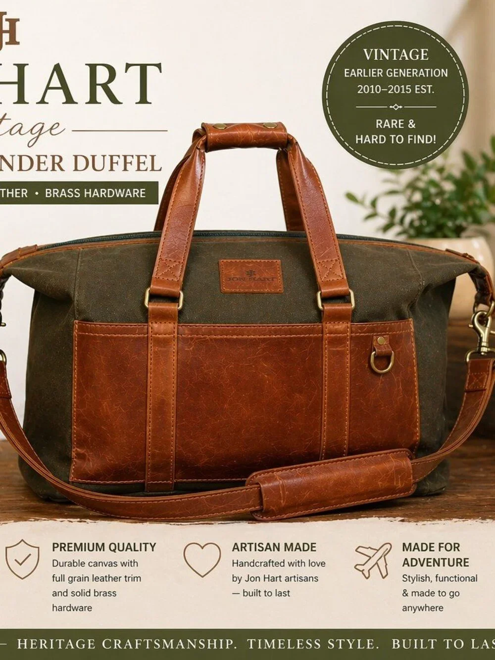 Vintage Jon Hart Large Weekender Duffel Bag Olive Canvas Brown Leather Strap